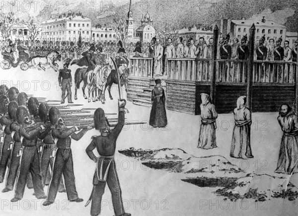 Fyodor Mikhailovich Dostoevsky (1821 - 1881) Russian writer, historical Russia. Dostoevsky is one of Russia's most outstanding writers. He addressed the political and social conditions of the time with psychological sensitivity. This also brought him into conflict with the authorities. The drawing shows the mock execution of other defendants on 22 January 1849. Dostoyevsky was arrested in the early hours of 23 April 1849 and sentenced to death. The death sentence was commuted to years of forced labour and imprisonment in a fortress