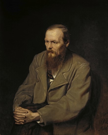Fyodor Mikhailovich Dostoevsky (1821 - 1881), portrait by Vasily Perov 1872, Russian writer, historical Russia. Dostoyevsky is one of Russia's most outstanding writers. He addressed the political and social conditions of the time with psychological sensitivity