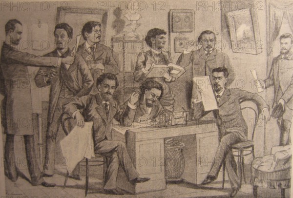 Anton Chekhov (1860-1904), an editorial meeting of Budilnik. Chekhov can be seen second from the left. A drawing from 1885, Russian writer, historical Russia. With his typically neutral and restrained way of depicting aspects of the life and way of thinking of people in the Russian provinces, Chekhov is considered one of the most important authors in Russian literature