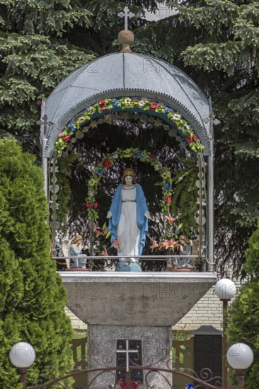 The veneration of the Virgin under a canopy and floral decoration, Drochobych, Ukraine