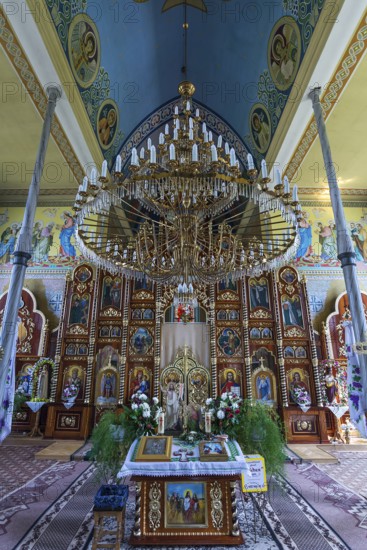 Altar room with candelabra of the former German Protestant Church today Greek Catholic, Lanivka, Ukraine