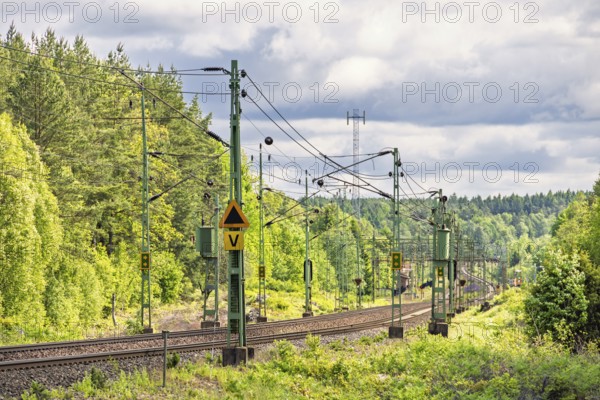 Electric railway line with overhead line in a deciduous forest in spring, Sweden