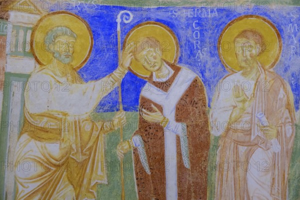Frescoed crypt, consecration of St. Hermagor to Bishop, Simon Peter on the left, Mark on the right, medieval fresco, Maxentian crypt, Basilica of Santa Maria Assunta of Aquileia, St. Hermagor, Aquileia near Grado, Julian-Friuli, Adriatic Sea, Italy