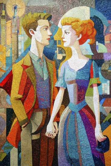 Cubist view of a couple hand in hand, Painting like composition, AI generated