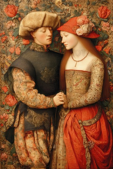 Renaissance couple in a romantic embrace, Painting like composition, AI generated