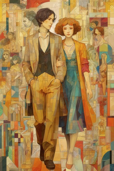Couple walking hand in hand in an abstract environment, Painting like composition, AI generated