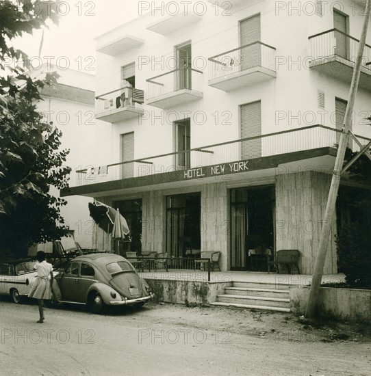 Tourist hotel, historical photo summer 1961, Rimini, Italy