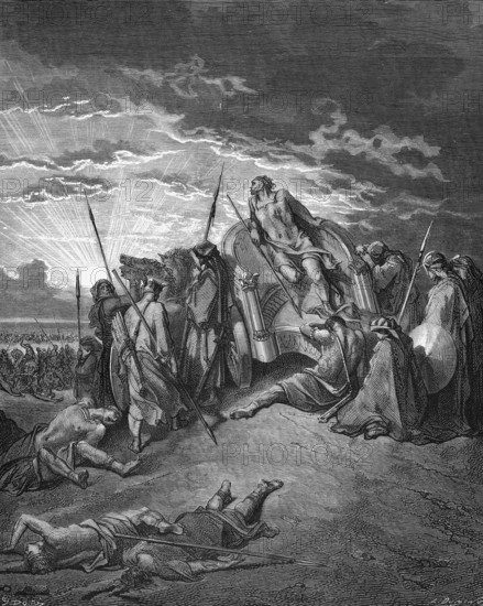 Fight Israel and Judah, death of King Achab, turn around and bring me out of battle, I am seriously wounded, First Book of Kings, chapter 22, verse 34, Bible, Old Testament, chariot, battlefield, wound, chest, laben, death, grief, dead, wounded, rays of light, sun, symbol, cloud sky, historical illustration based on Gustave Doré around 1880
