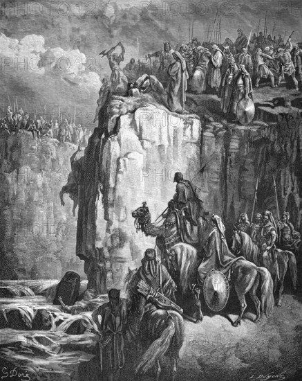 Elias kills the prophets of Baal at the stream Kishon, seizes the prophets of Baal, none of them shall escape, First Book of Kings, chapter 18, verse 40, Bible, Old Testament, rocks, cliff, cataract, fall, death, cruel, armies, battle, all, kill, axe, spears, camels, horses, bow and arrow, warrior, historical illustration based on Gustav Vé Doré around 1880