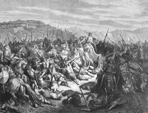 King Achab beats the Syrians, the Israelites beat the Arameans, First Book of Kings, chapter 20, verse 29, Bible, Old Testament, Israel, two armies, plain, mountains, enemies, war, battle, destroy, riders, horses, spears, lances, wounded, dead, cruelty, murder, grief, victors, torment, historical illustration based on Gustave Doré around 1880