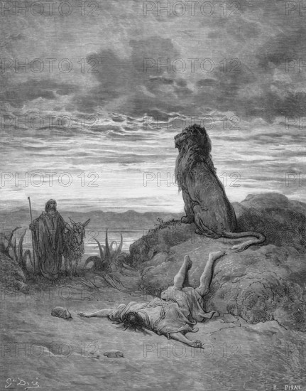 The death of the Prophet of Bethel, the lion had neither eaten the corpse nor attacked the donkey, First Book of Kings, chapter 13, verse 28, Bible, Old Testament, man of God, walking stick, mountain landscape, lake, rocks, plants, grief, lying down, historical illustration after Gustave Doré around 1880