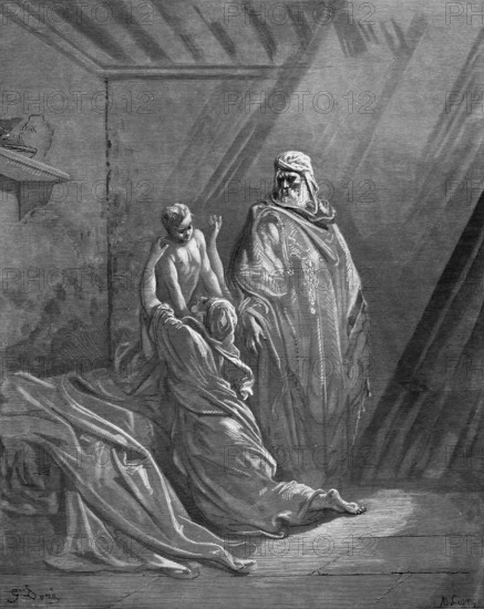 Elias awakens the widow's son, the Lord listened to Elijah's prayer, the life force returned to the child, First Book of Kings, chapter 17, verse 22, Bible, Old Testament, room, arm, bed, ceiling, shelf, God, rays of light, help, life, death, faith, kneel, stretch out arms, historical illustration based on Gustave Doré around 1880