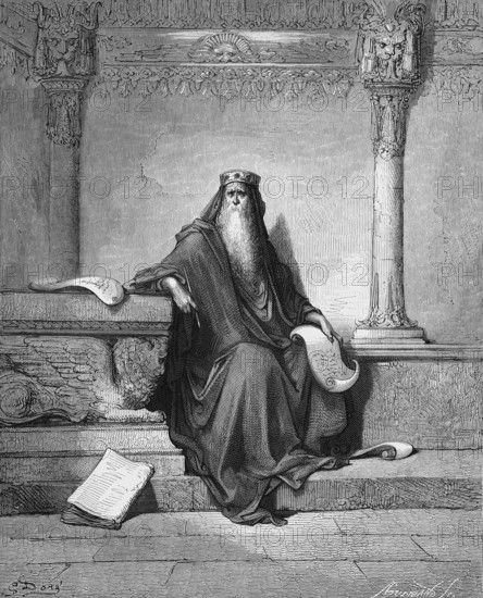 Portrait of King Solomon the Wise, the wealth and wisdom of King Solomon were greater than those of all kings of the earth, First Book of Kings, chapter 10, verse 23, Bible, Old Testament, papyrus, crown, simple robe, long beard, old man, sitting, dignified, thoughtful, writing, pen, paper, interior, columns, decorations, historical illustration by Gustave Doré around 1880