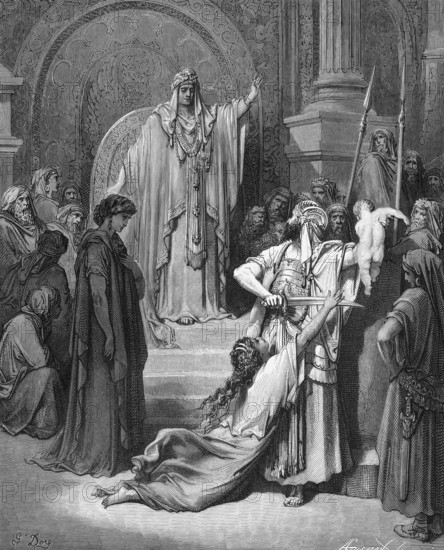 The Judgment of King Solomon, cuts the living child into two parts, First Book of Kings, chapter 3, verse 25, Bible, Old Testament, two woman, mother, kill, baby, implore, sorrow, motherly love, grace, request, sword, order, palace, throne, group, men, historical illustration after Gustave Doré around 1880