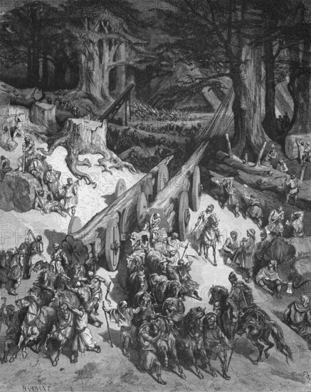 The cedars of Lebanon for building temples, First Book of Kings, chapter 5, verse 20, Bible, Old Testament, King Solomon, command, forest, transport, fetch, economy, trade, workers, tree trunks, felling, crane, wooden wagon, draft horses, building, historical illustration after Gustave Doré around 1880