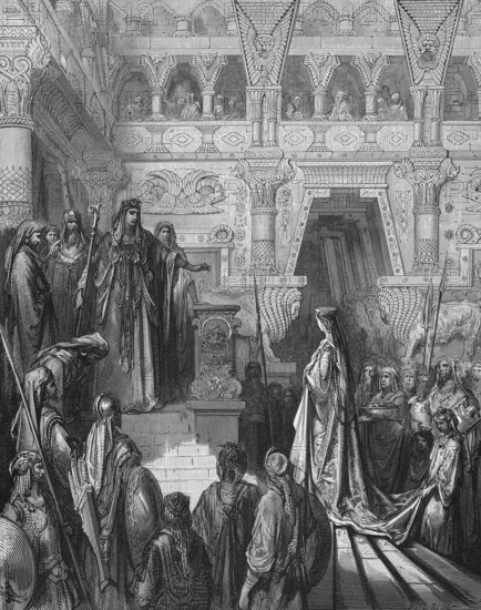 Solomon receives the Queen of Sheba, the Queen tests King Solomon with riddles, First Book of Kings, chapter 10, verse 2, Bible, Old Testament, magnificent palace, throne room, elevated throne, steps, columns, gallery, entourage, rich gifts, servant, court, dignity, fabulous wealth, legend, pomp, magnificence, examination, questions, many people, magnificent clothes, historical illustration Gustave Doré around 1880