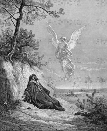 Elias and the angel, he lies down and falls asleep under the broom bush. First book of Kings, chapter 19, verse 5, Bible, Old Testament, desert, sand, slope, sky, tree, historical illustration after Gustave Doré around 1880