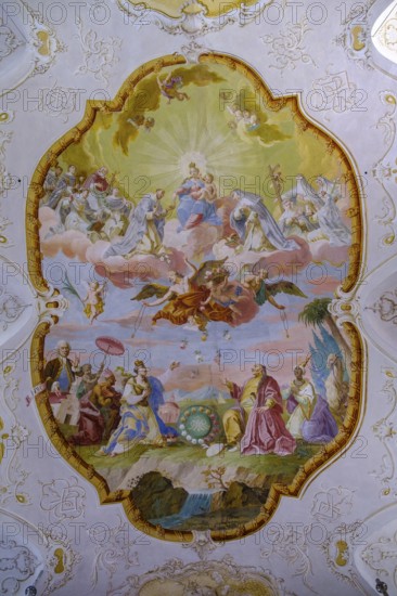 Frescoes by Johann Michael Hartwagner, St. Peter and Paul Abbey, Altenhohenau bei Griestätt, Chiemgau, Upper Bavaria, Bavaria, Germany
