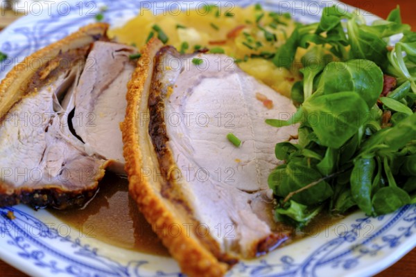 Roast pork with potato salad, Erlebnisgaststätte Erlensee, near Schechen, Upper Bavaria, Bavaria, Germany