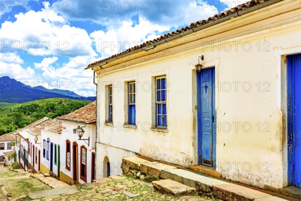 Typical landscape of the historic city of Tiradentes in Minas Gerais, with its colonial houses and cobblestone streets, Tiradentes, Minas Gerias, Brasil