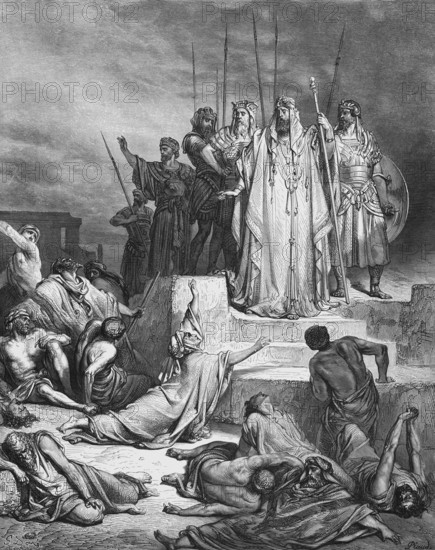 Samaria is besieged by Ben-Hadad, King of Aram, inflation and famine, in Samaria, Bible, Old Testament, Second Book of Kings, chapter 6, verse 26, misery, hunger, hardship, inflation, monetary value, money, pleading, food, problem, inhabitants, suffering, warriors, spears, looking down, lying on the ground, lying, steps, siege, army, historical illustration