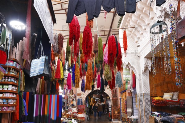 A wide range of goods in the narrow corridors of the souk, Marrakech, historic old town, Medina, UNESCO World Heritage Site, Morocco