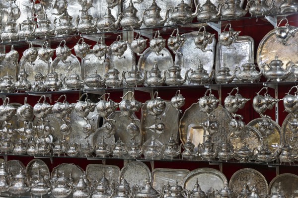 Silver tea services, range of goods in the souk, Marrakech, historic old town, Medina, UNESCO World Heritage Site, Morocco
