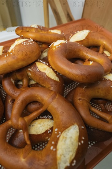 Fresh pretzels with salt on them, the surface is golden brown, bake rolls, Haselstaller Hof, Gechingen, Germany