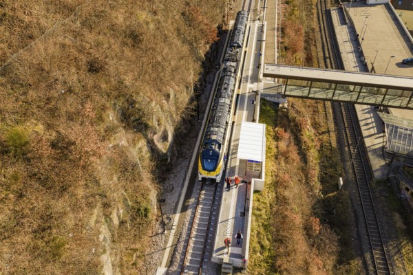 Aerial view of a train on railroad tracks with autumn landscape in the background, test run on the new Hermann-Hesse railway with Siemens Mireo Plus B trains, Calw, Germany