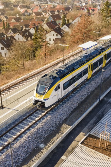 Modern train stands at the station, surrounded by autumn trees and residential buildings, test run on the new Hermann Hesse Railway with Siemens Mireo Plus B trains, Calw, Germany