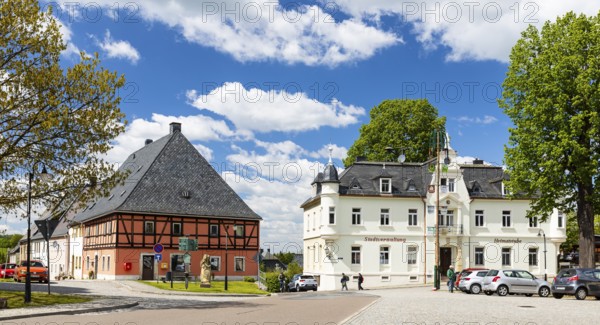 Market square with town hall in Bärenstein, Altenberg, Eastern Ore Mountains, Saxony, Germany