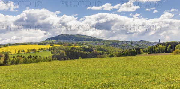 View of Pöhlberg and Annaberg-Buchholz with St. Annen church in spring, Ore Mountains, Saxony, Germany