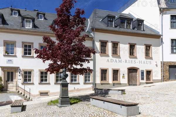 Karlsplatz with Adam Ries House and Memorial in Annaberg, Annaberg-Buchholz, Ore Mountains, Saxony, Germany