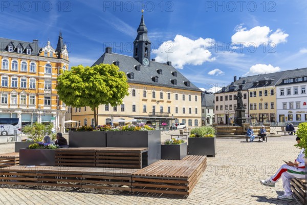 Market square with town hall and Barbara Uthmann fountain in Annaberg, Annaberg-Buchholz, Ore Mountains, Saxony, Germany