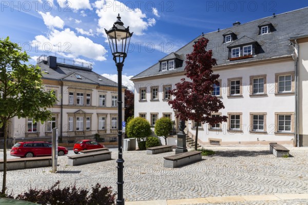 Karlsplatz with Adam Ries monument in Annaberg, Annaberg-Buchholz, Ore Mountains, Saxony, Germany