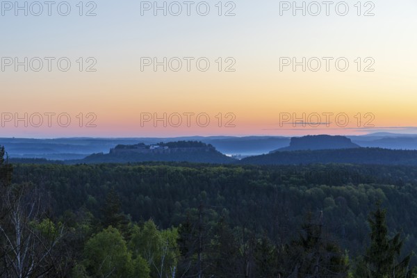 Bernhardstein viewpoint in the morning with a view of Königstein Fortress and Lilienstein, Saxon Switzerland, Saxony, Germany