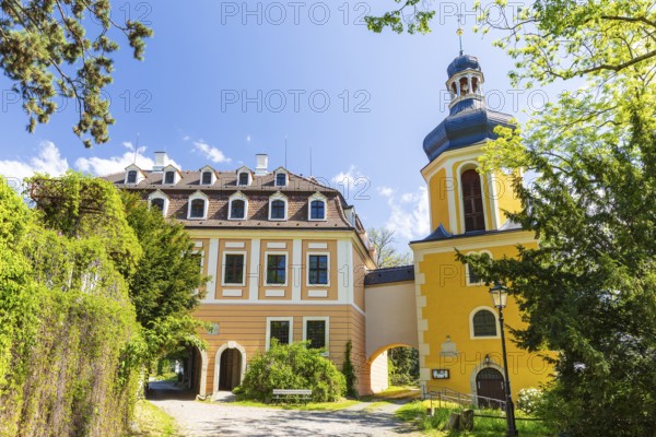 Church and west wing of Landschloss Zuschendorf, Pirna, Saxony, Germany