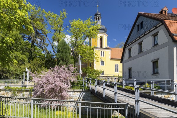 Bridge over Seidewitz and church in Zuschendorf, Pirna, Saxony, Germany