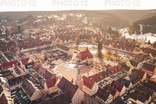 Aerial view of an urban area with historic center and surrounding nature, Freudenstadt, Black Forest, Germany