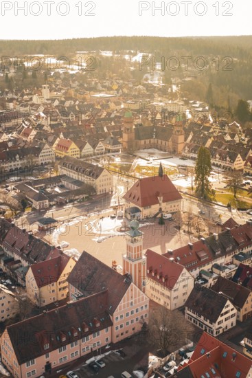 Traditional old town with church and market square, taken from the air in winter light, Freudenstadt, Black Forest, Germany
