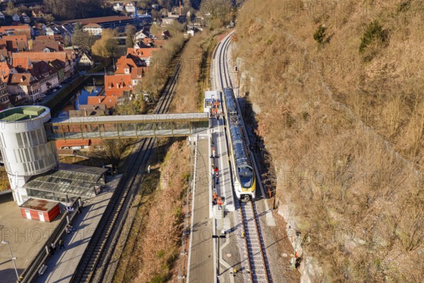 Train goes under bridge surrounded by green vegetation and urban structures, test run on the new Hermann-Hesse railway with Siemens Mireo Plus B trains, Calw, Germany
