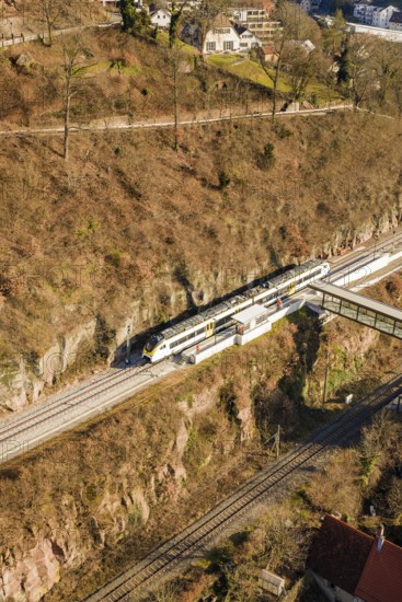 Aerial view of a railway scene in hilly surroundings, test run on the new Hermann-Hesse railway with Siemens Mireo Plus B trains, Calw, Germany
