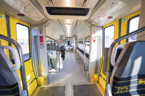Modern interior of a train with yellow doors and panoramic windows, test run on the new Hermann-Hesse railway with Siemens Mireo Plus B trains, Calw, Germany