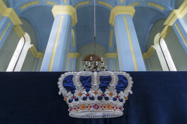 Crown on a cloth in the restored Choral Synagogue, built from 1842-1865, Drochobych, Ukraine
