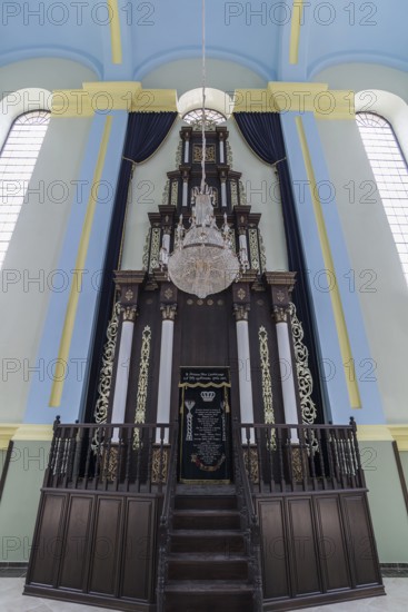 A parochet, curtain in front of the Torah shrine in the restored Choral Synagogue, built from 1842-1865, Drochobych, Ukraine