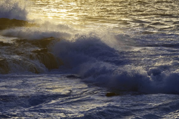 Dramatic waves crashing against rocks under a golden evening sun, dramatic atmosphere, Playa Blanca/Yaiza Lanzarote