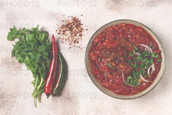 Chashushuli, a traditional Georgian dish, spicy, stewed meat with tomatoes and spices, homemade, no people