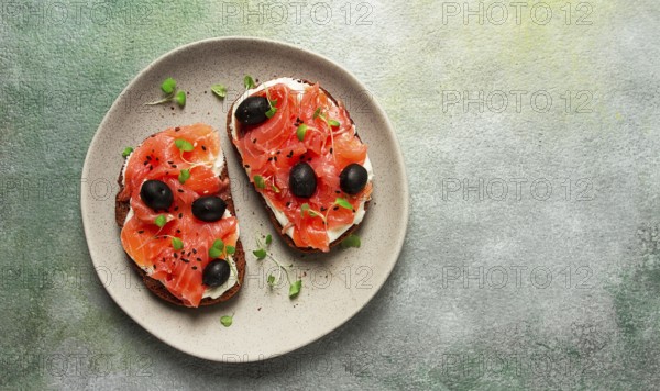 Sandwiches with red fish, cream cheese, olives and microgreens, breakfast