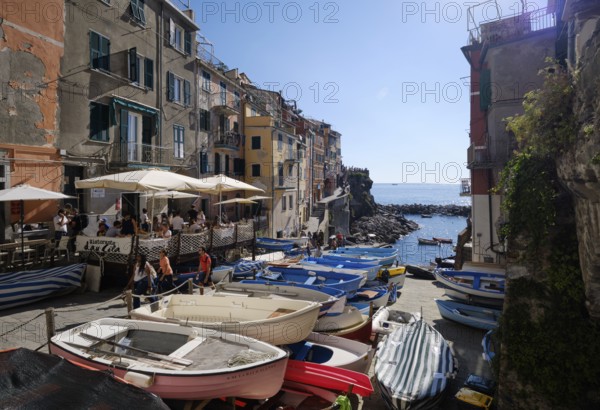 Stacked boats in front of colorful houses under a blue sky in the fishing village of Riomaggiore, Cinque Terre, La Spezia province, Liguria, Italy