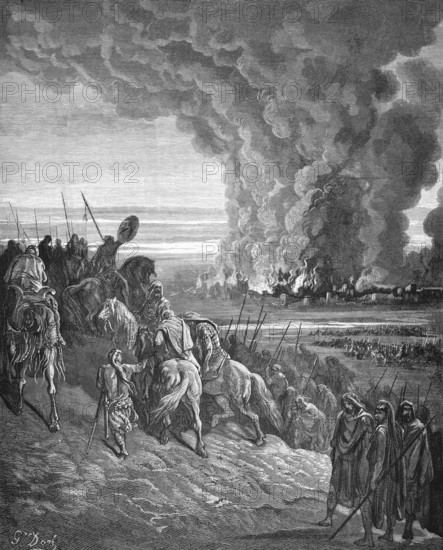 Destruction of the city of Ai or Hai, book of Joshua, chapter 8, verse 20, Bible, Old Testament, history, fire, flames, smoke, exodus, flight, expel, mountain, crowd, grief, fear, homeless, inhabitants, horses, warriors, plain, historical illustration after Gustave Doré around 1880